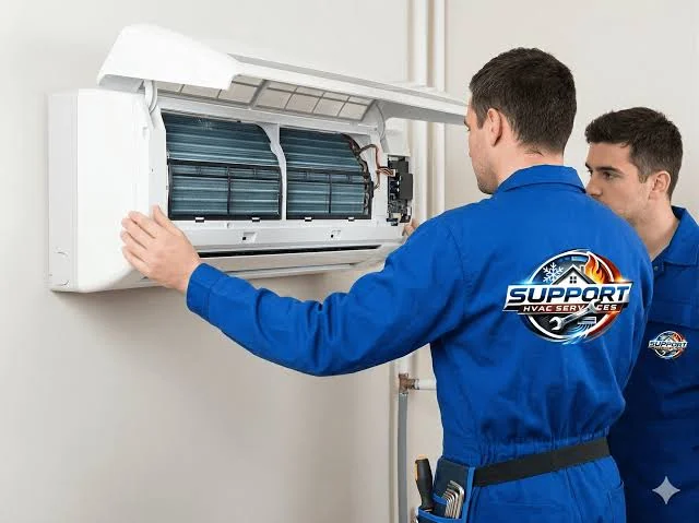 Illustrative technicians inspecting an indoor mini-split air-conditioning unit