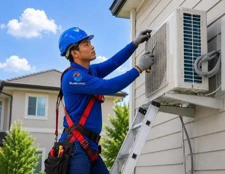 Illustrative technician servicing an outdoor mini-split unit